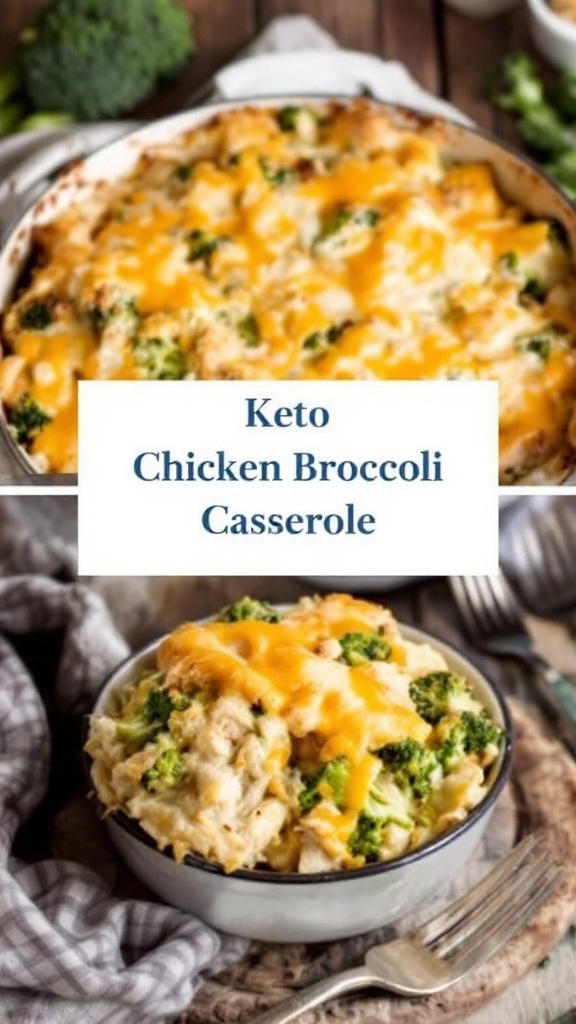 A cheesy and creamy Keto Chicken Broccoli Casserole in a baking dish, garnished with melted cheese and broccoli.